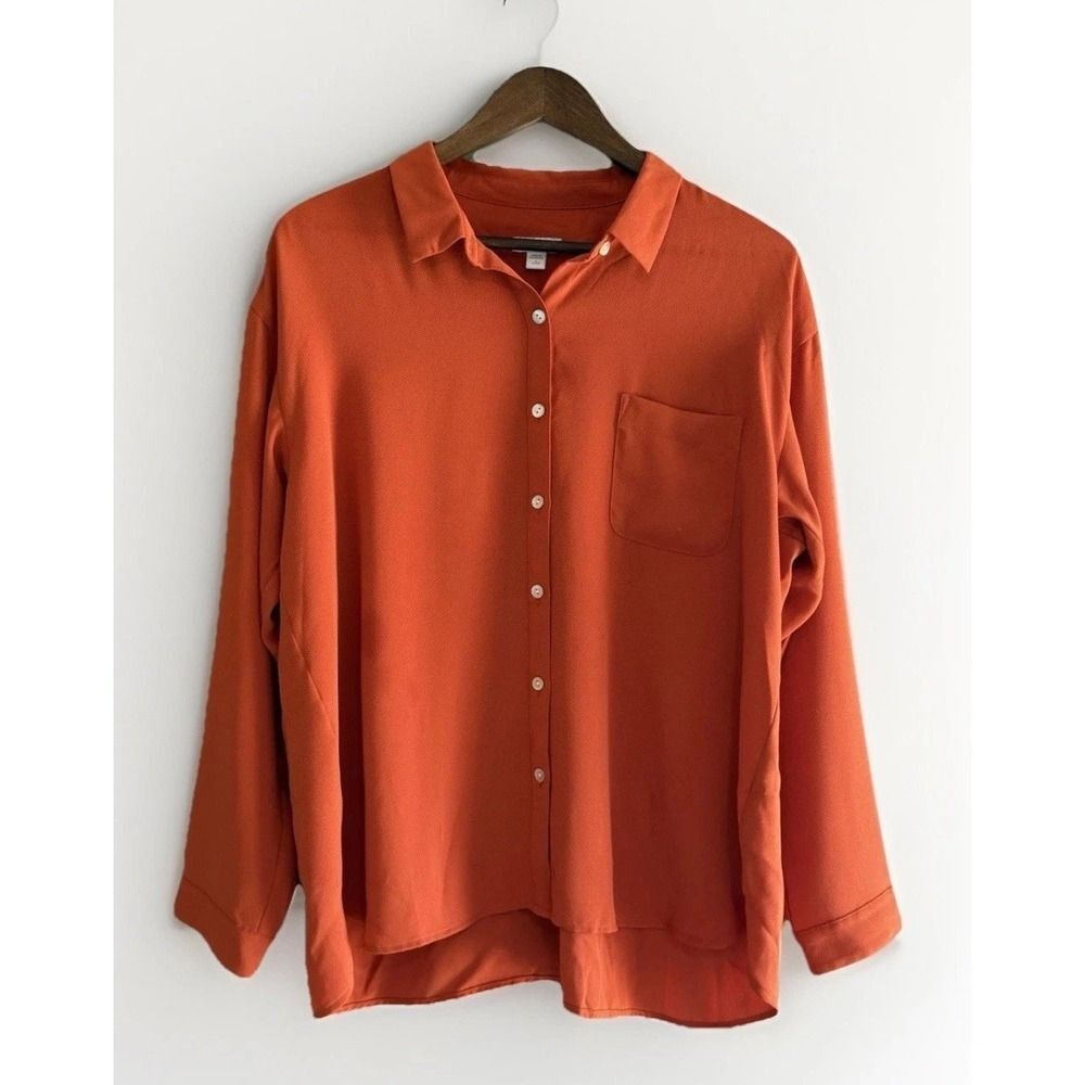 J Jill Lightweight Button Up Shirt Orange Blouse Collar Flowy Petite Large Tunic
